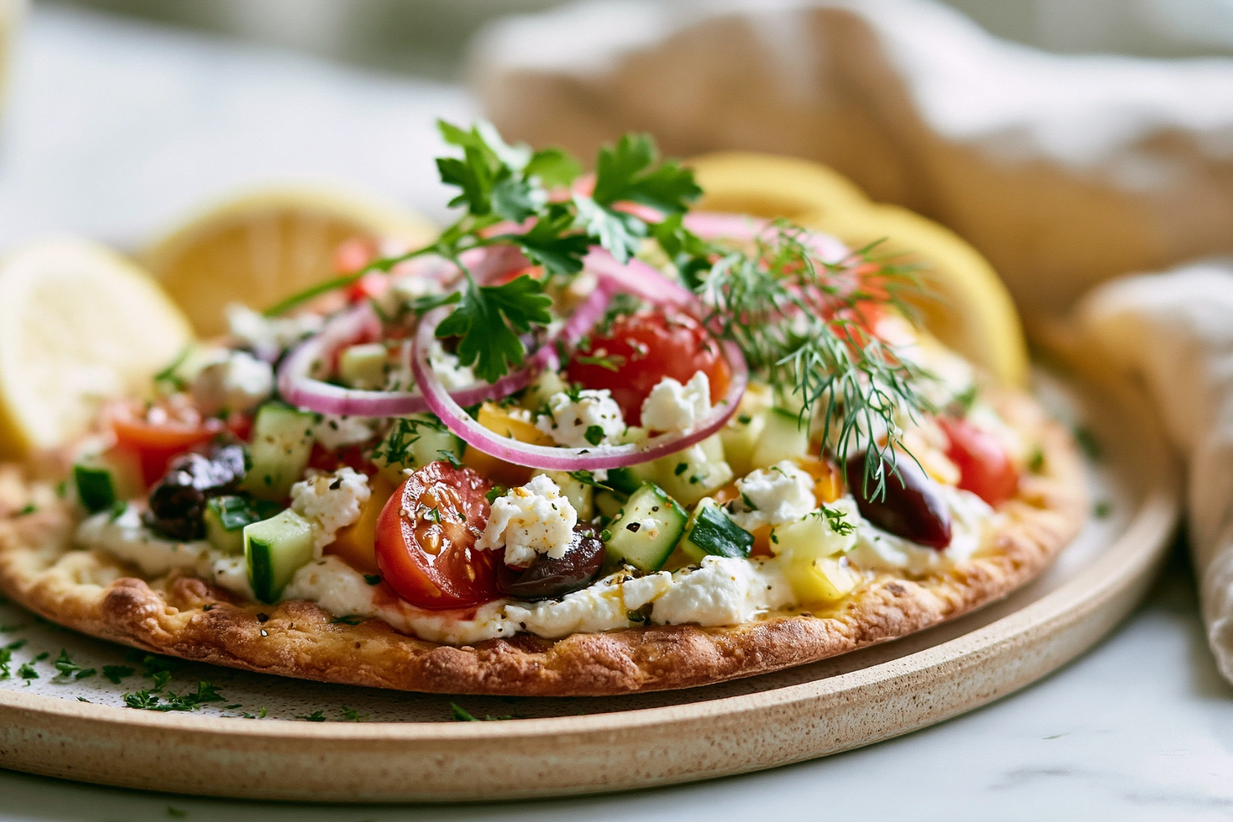Greek Salad Cottage Cheese Flatbread with feta, cucumber, tomatoes, and olives