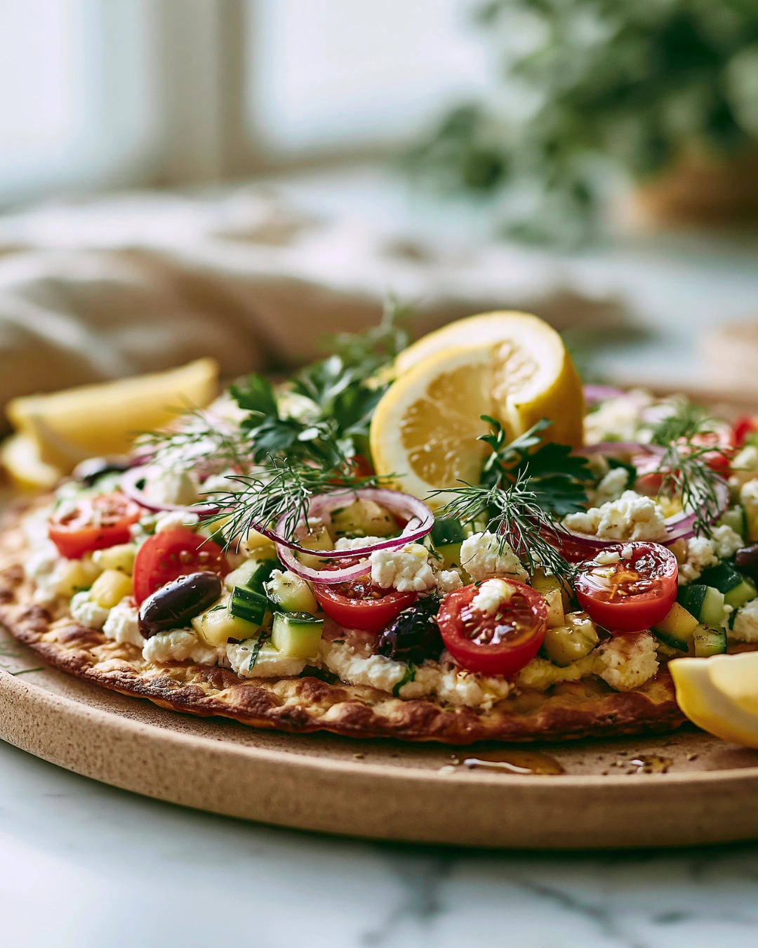Greek Salad Cottage Cheese Flatbread served for lunch