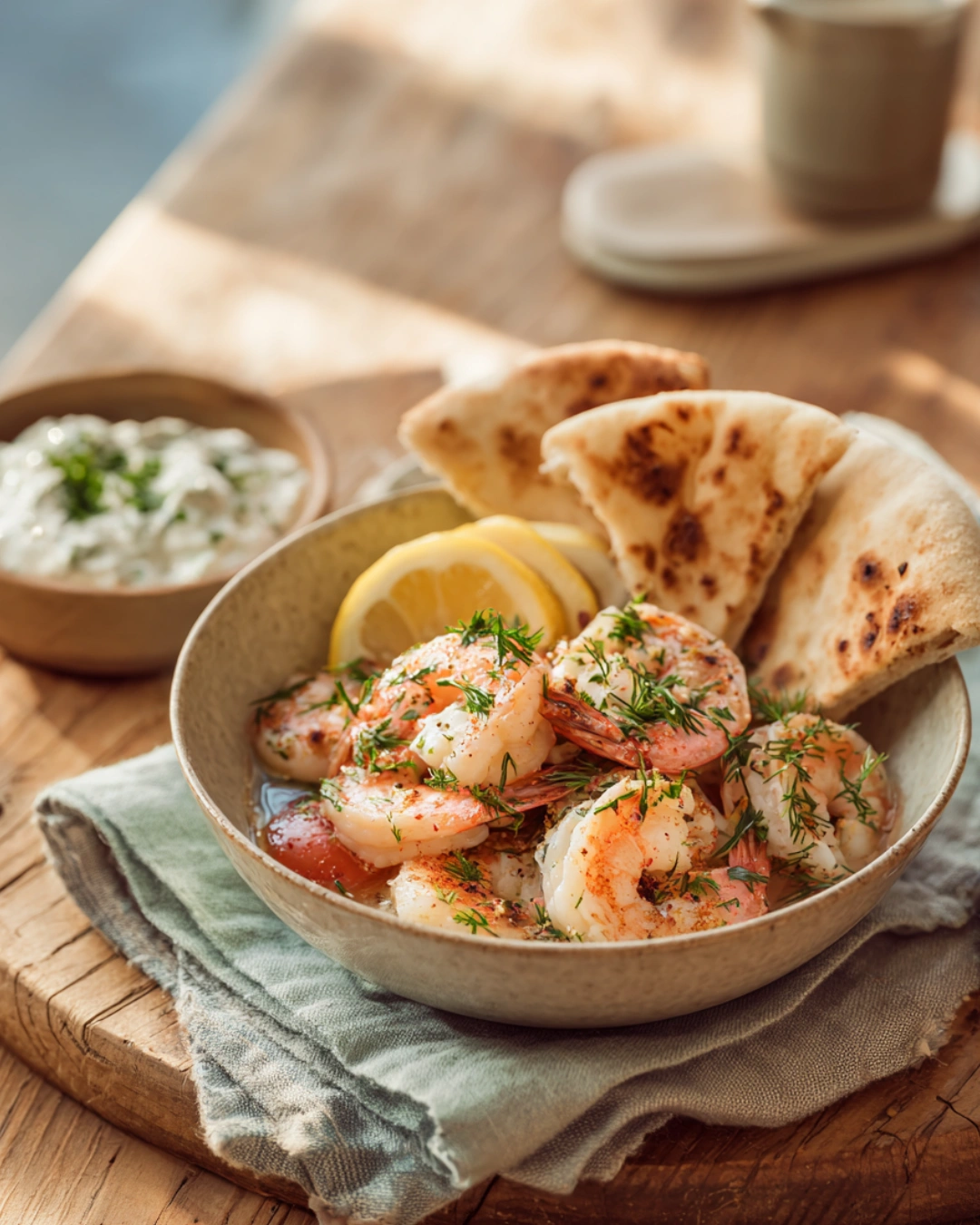 Served Greek Shrimp Mediterranean Bowl with pita bread