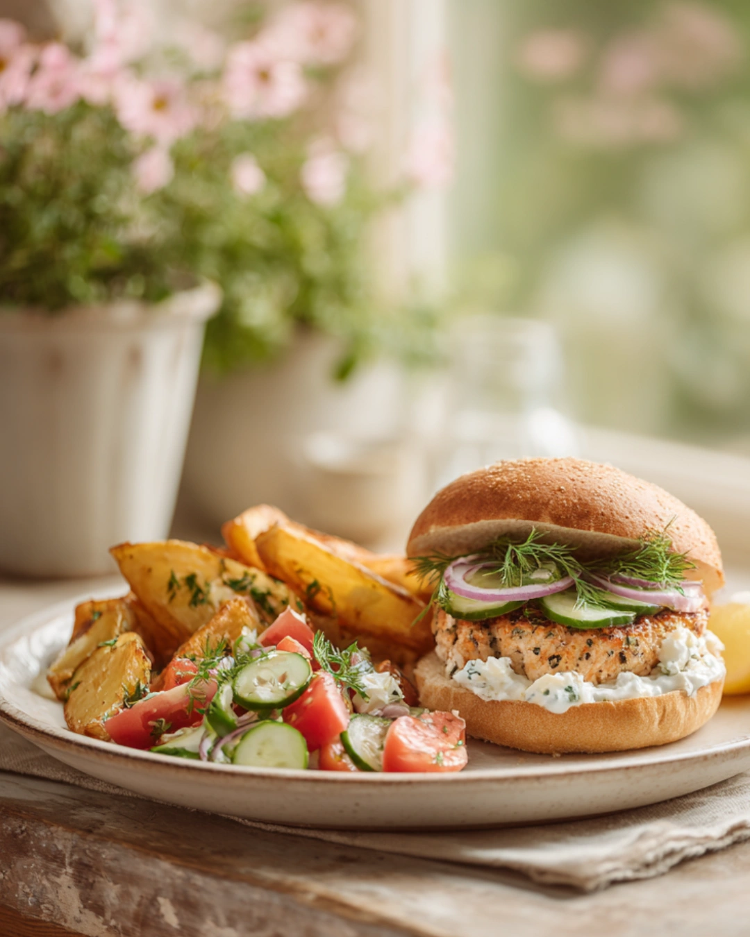 Healthy Greek Chicken Burgers with potatoes and Greek salad