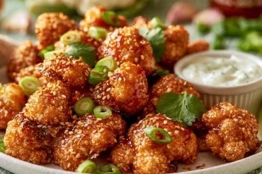 Honey Sriracha Roasted Cauliflower Bites with sticky sweet and spicy glaze