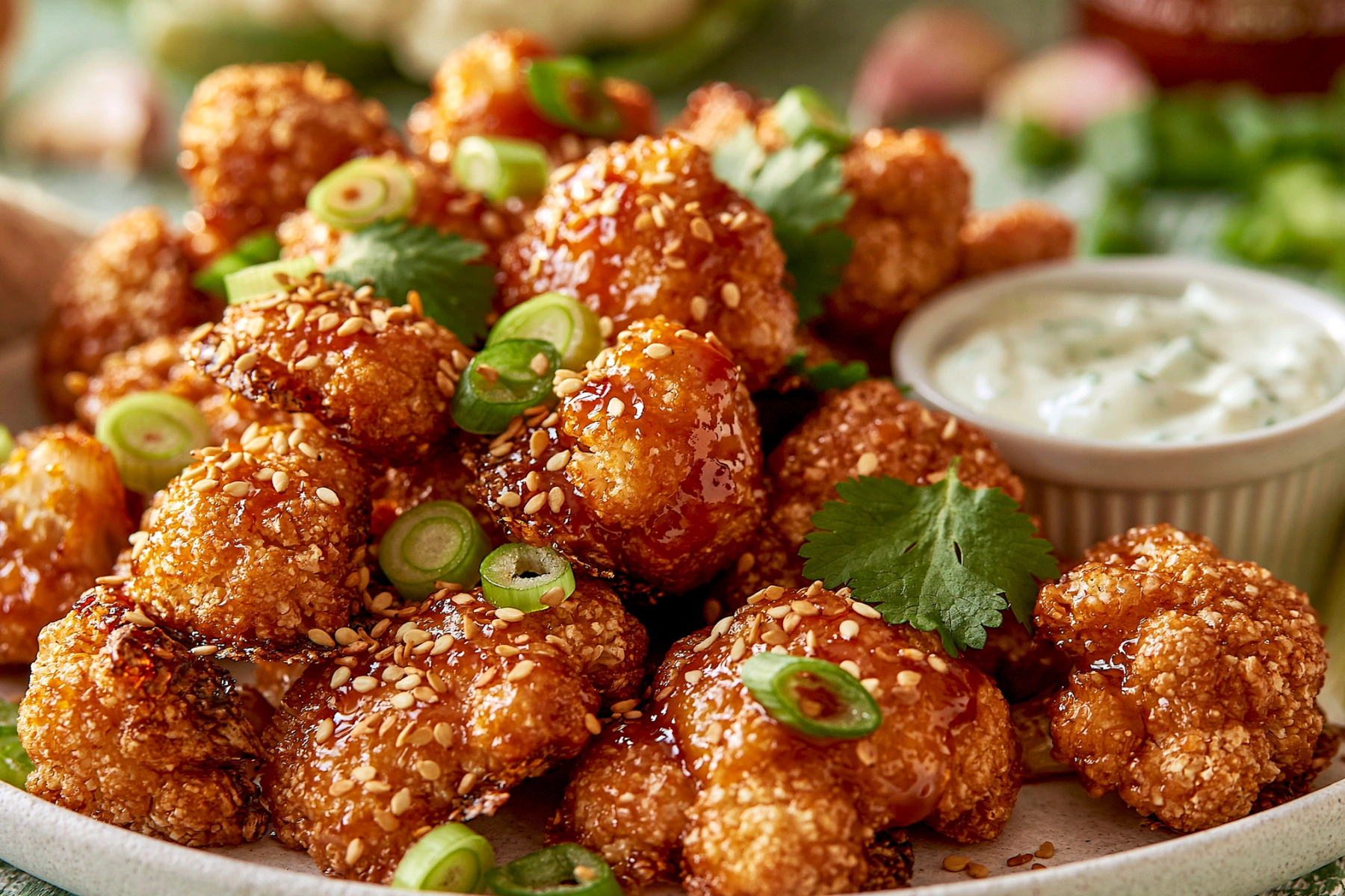 Honey Sriracha Roasted Cauliflower Bites with sticky sweet and spicy glaze