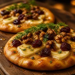 Mini Pizza topped with Brie, Cranberries, Toasted Walnuts, and Hot Honey Drizzle