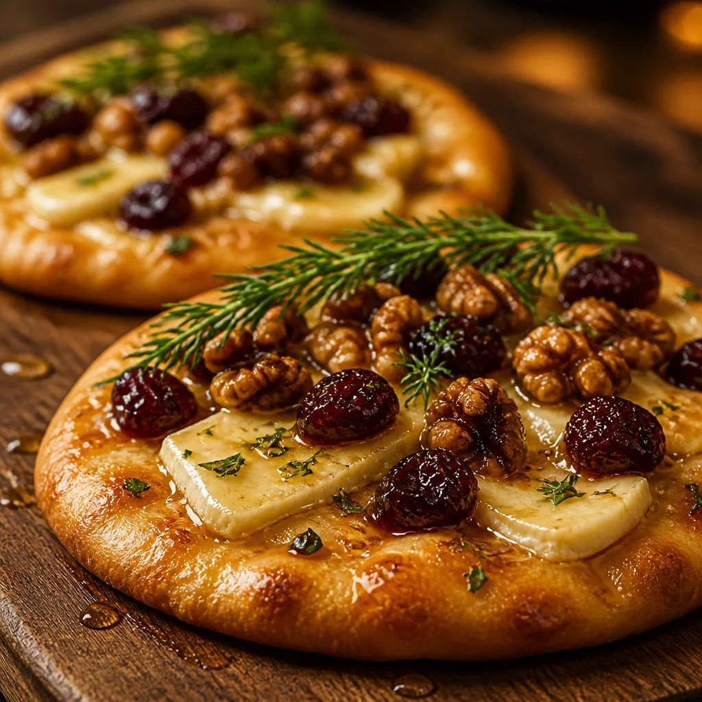 Irresistible Mini Pizza with Brie, Cranberries & Toasted Walnuts 4 Mini Pizza topped with Brie, Cranberries, Toasted Walnuts, and Hot Honey Drizzle