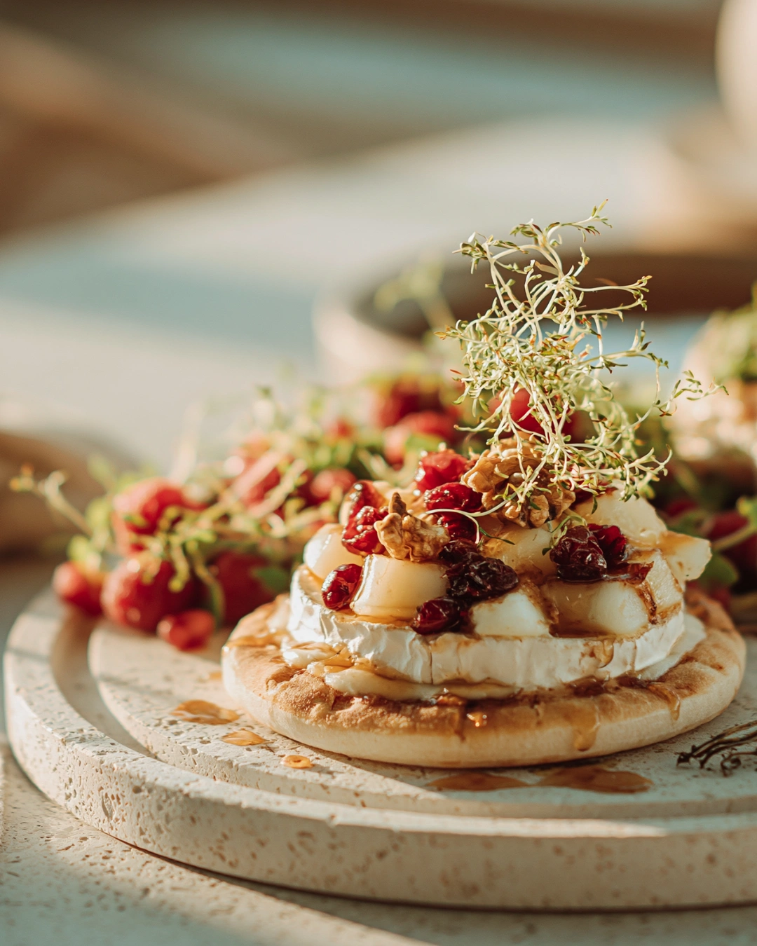 Mini Pizza with Brie, Cranberries & Toasted Walnuts served with berry salad