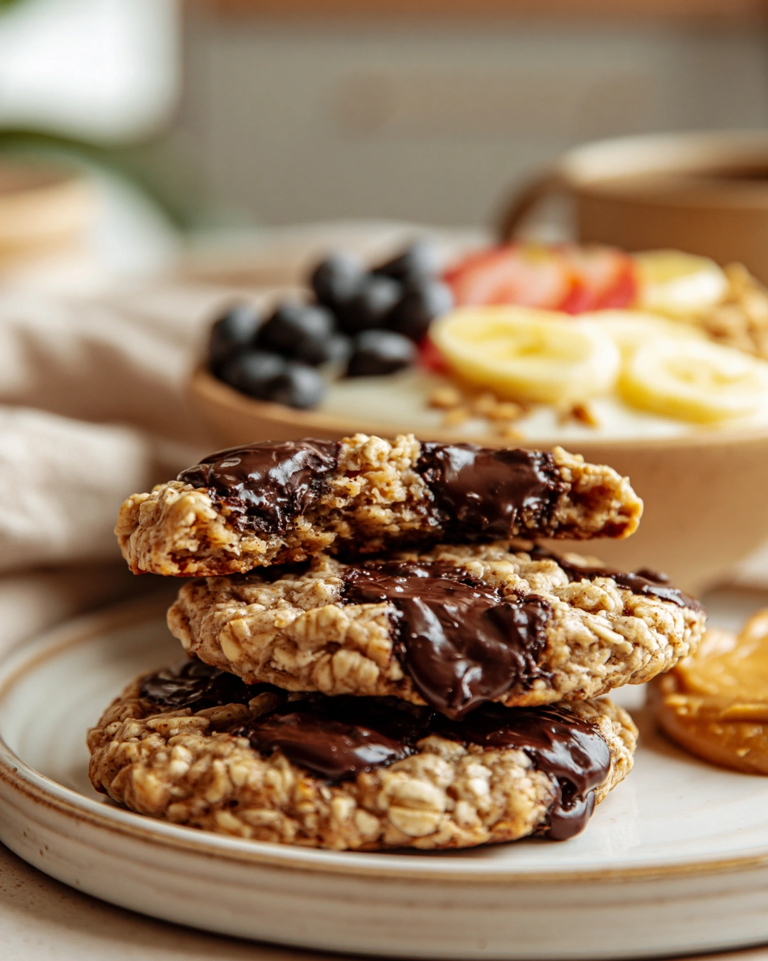 Peanut Butter Banana Breakfast Cookies served with Greek yogurt, fresh berries, banana, and coffee