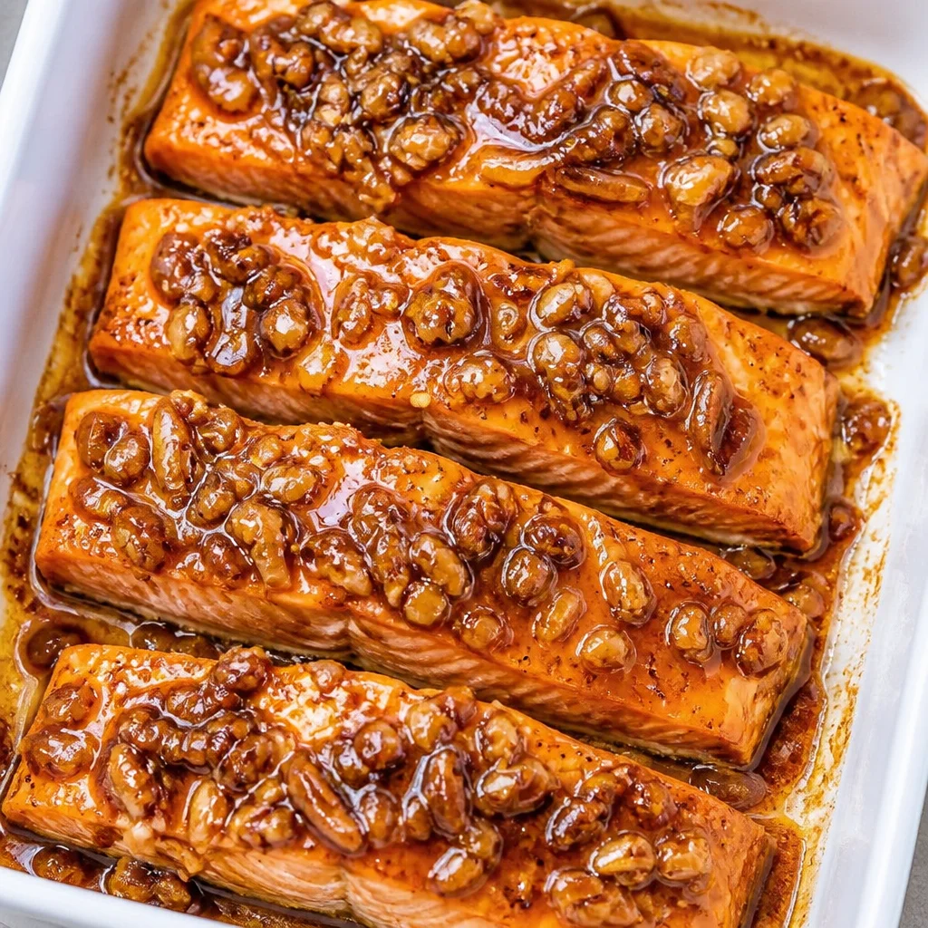 Quick Maple Pecan Glazed Salmon with toasted pecans and a sweet glaze.