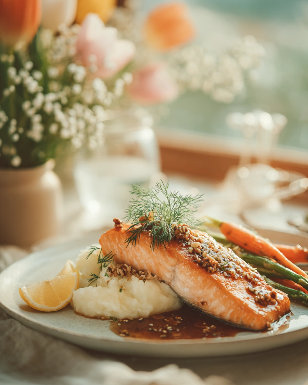 Quick Maple Pecan Glazed Salmon served with mashed potatoes and asparagus
