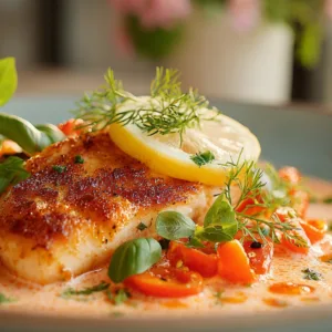Quick Tilapia in Roasted Pepper Sauce served on a white dinner plate