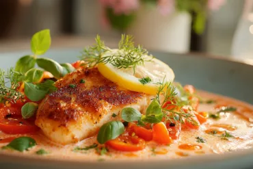 Quick Tilapia in Roasted Pepper Sauce served on a white dinner plate