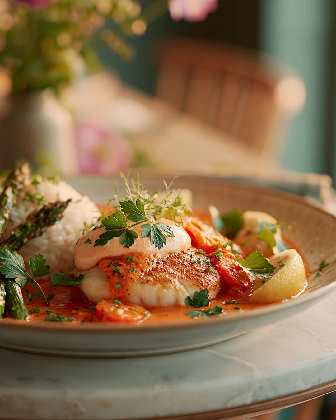 Quick Tilapia in Roasted Pepper Sauce with rice and asparagus