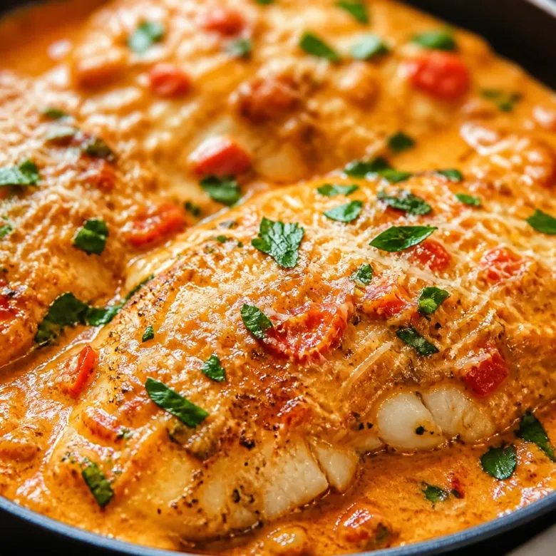 Quick Tilapia in Roasted Pepper Sauce garnished with fresh herbs on a plate.