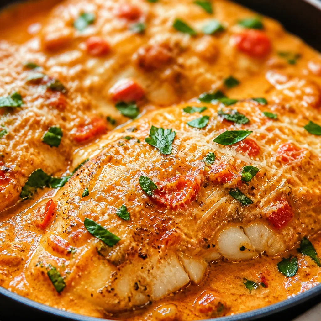 Quick Tilapia in Roasted Pepper Sauce garnished with fresh herbs on a plate.
