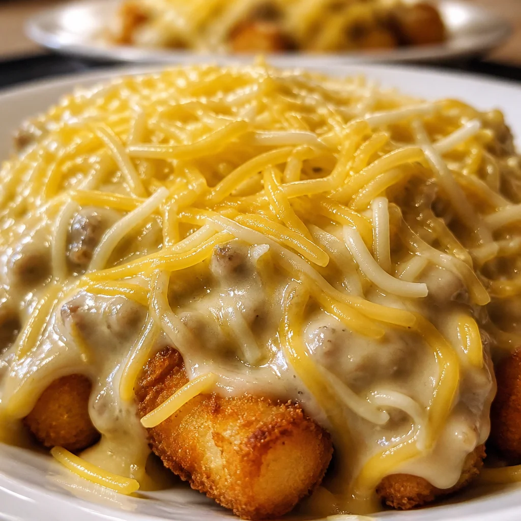 Delicious Tater Tot Breakfast Bowl with Gravy topped with eggs and cheese.