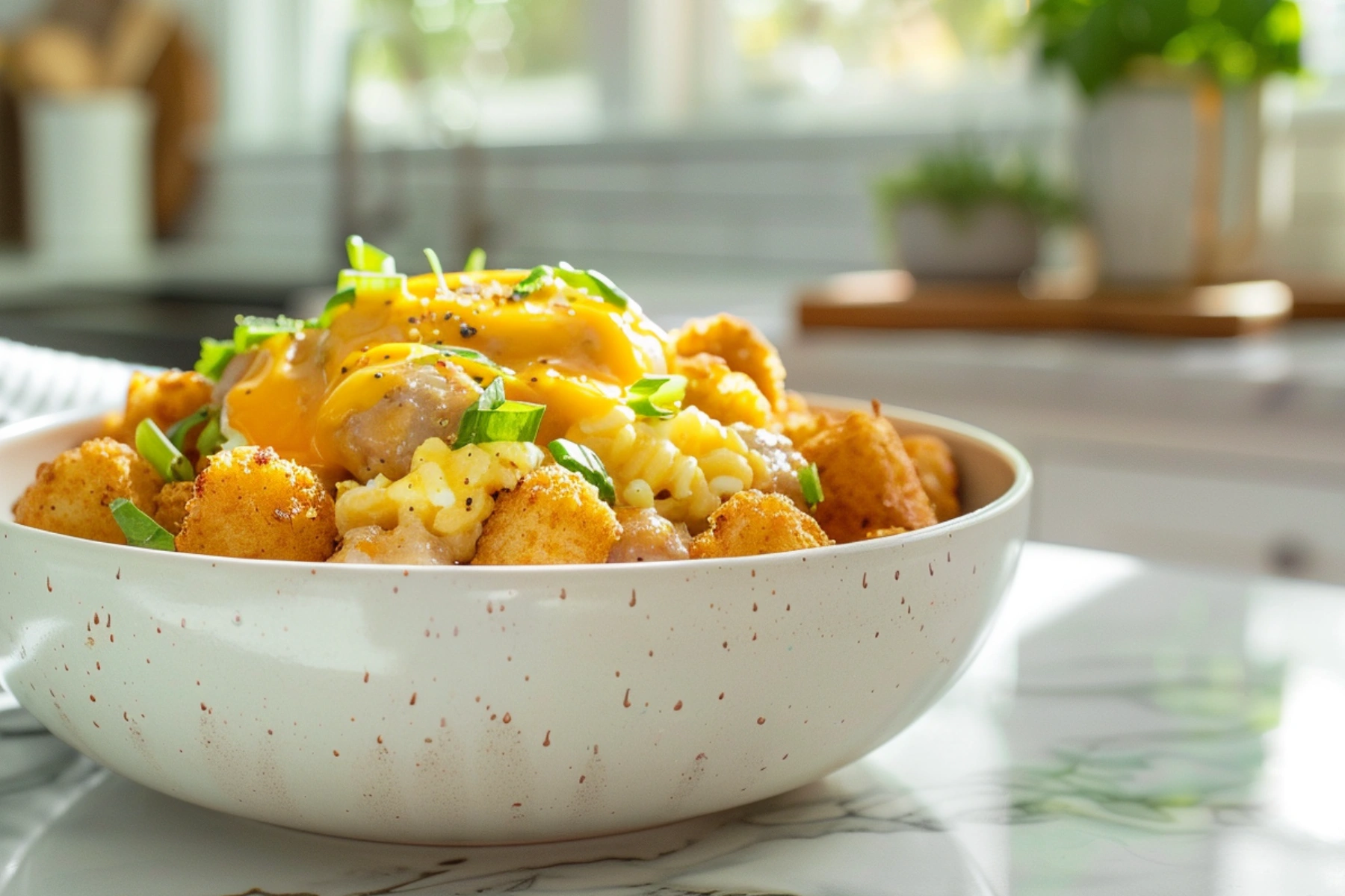 Tater Tot Breakfast Bowl with Gravy topped with eggs and cheddar cheese