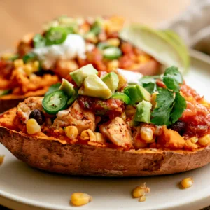 15-Minute Corn Chicken Stuffed Sweet Potatoes with avocado and salsa