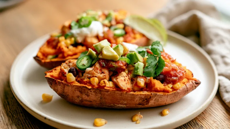 15-Minute Corn Chicken Stuffed Sweet Potatoes with avocado and salsa