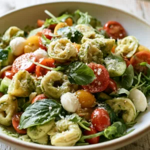 30 Minute Pesto Tortellini Salad with tomatoes, mozzarella, cucumber and basil pesto