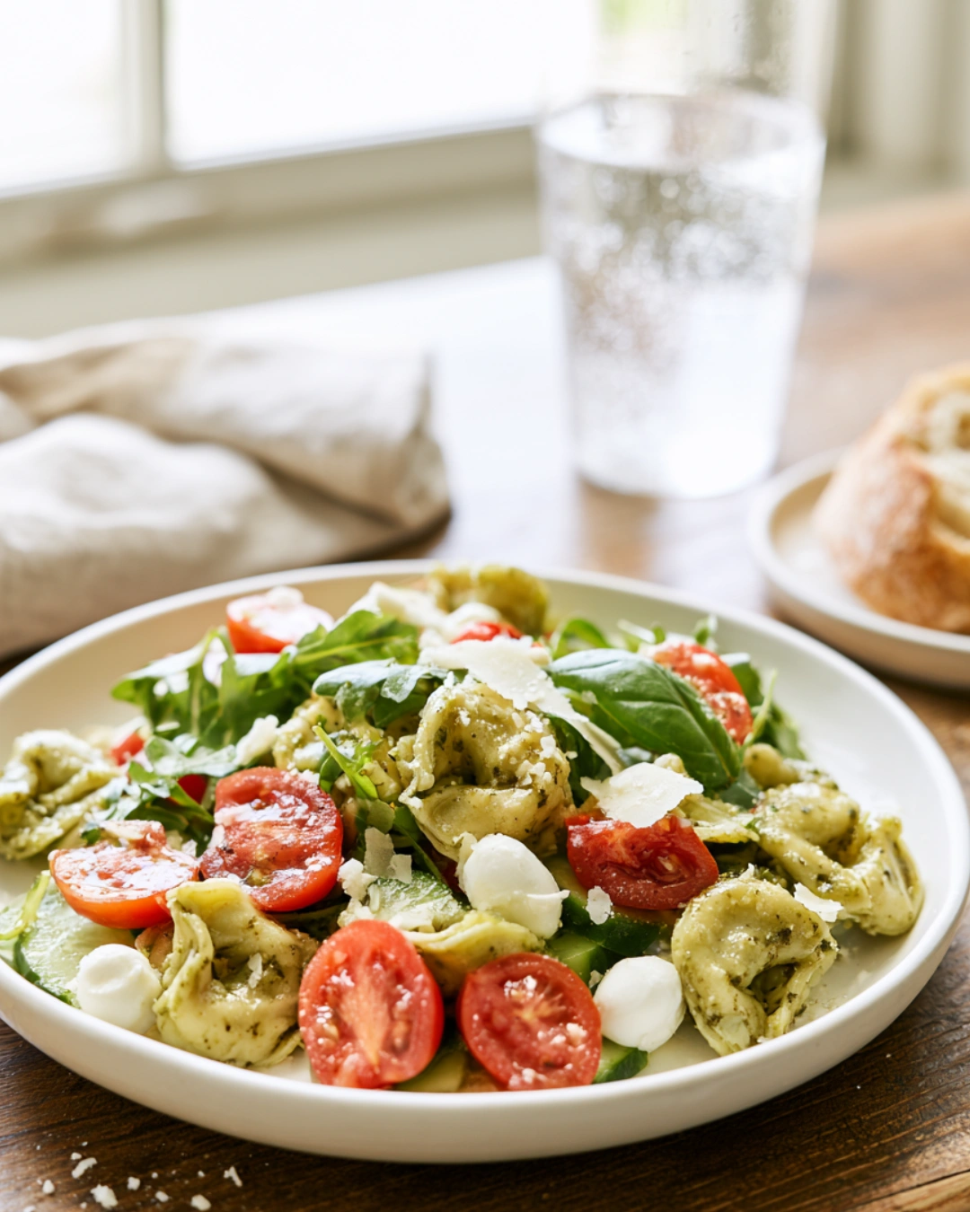 Ingredients for 30 Minute Pesto Tortellini Salad with pesto and fresh vegetables