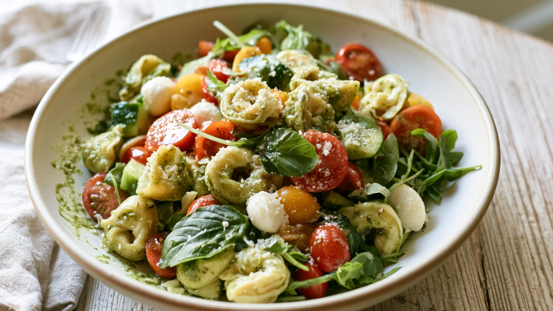 30 Minute Pesto Tortellini Salad with tomatoes, mozzarella, cucumber and basil pesto