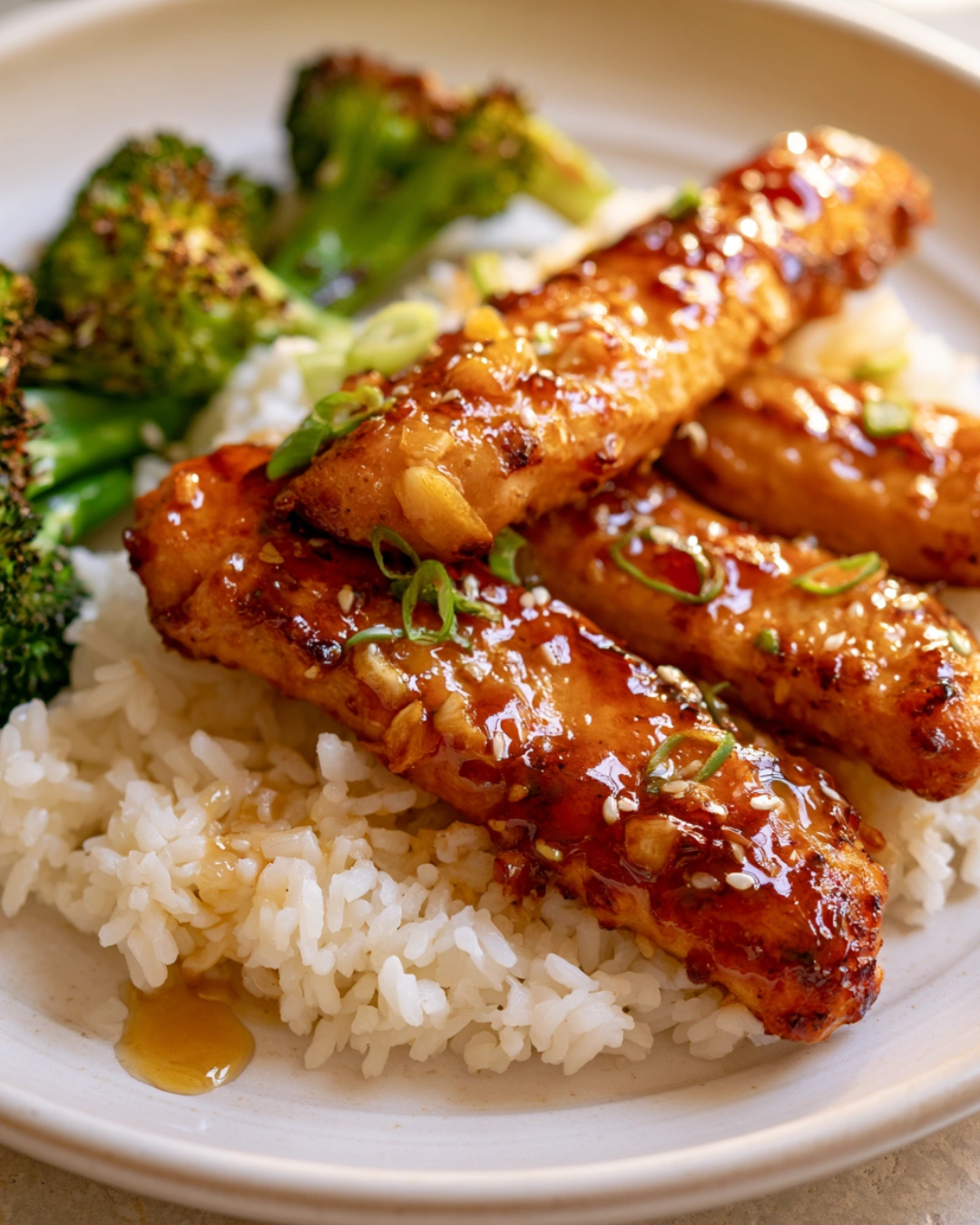 Air Fryer Honey Butter Garlic Chicken Tenders served with rice and broccoli