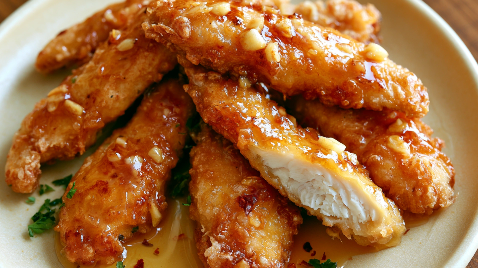 Air Fryer Honey Butter Garlic Chicken Tenders with sticky garlic glaze