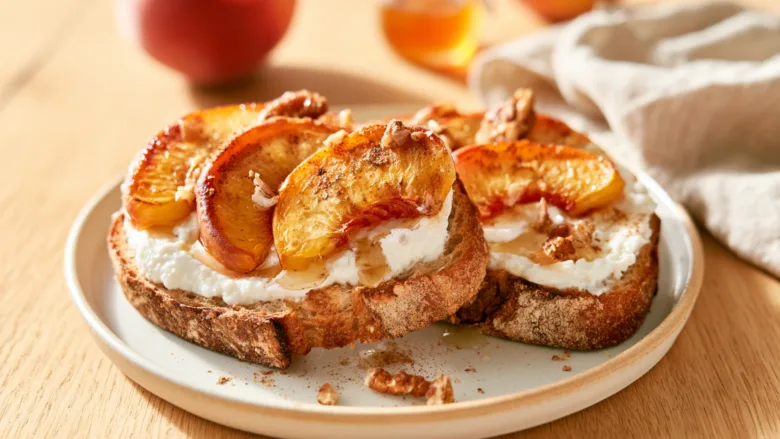 Air Fryer Peach Toast with ricotta, cinnamon, and honey
