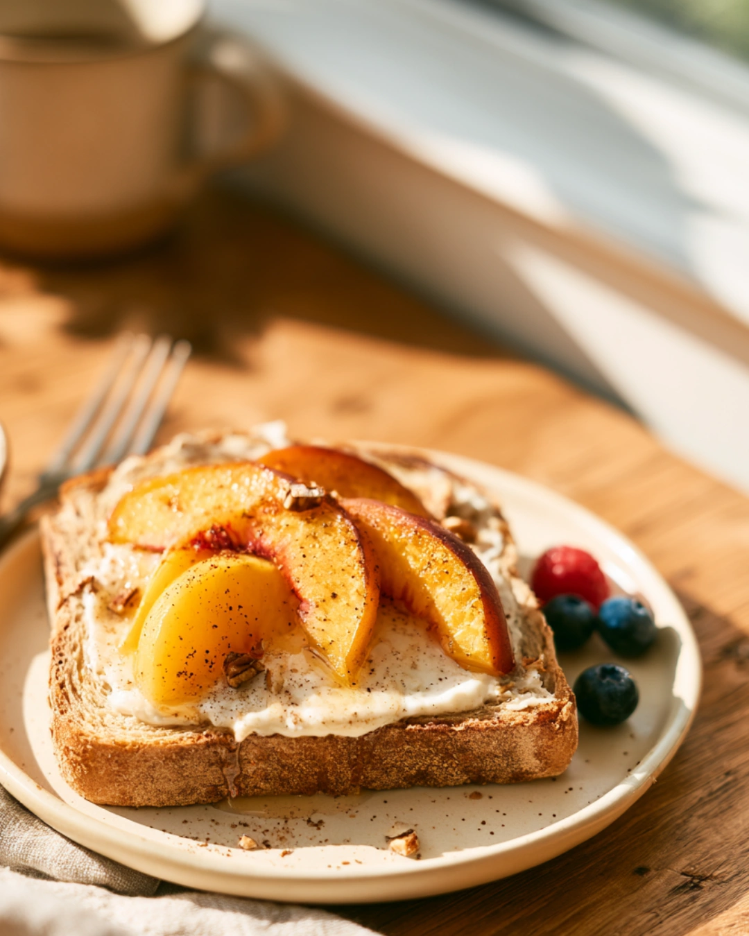 Air Fryer Peach Toast served with fresh berries and coffee