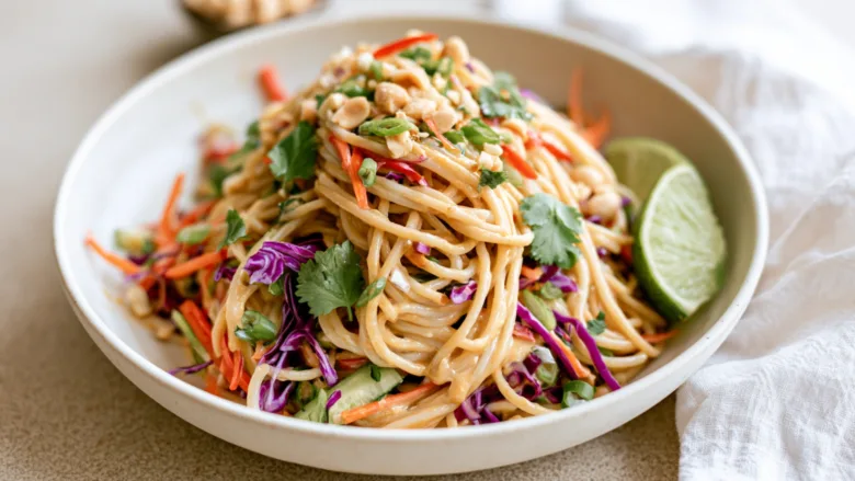 Best Thai Peanut Pasta Salad with crunchy vegetables and creamy peanut dressing