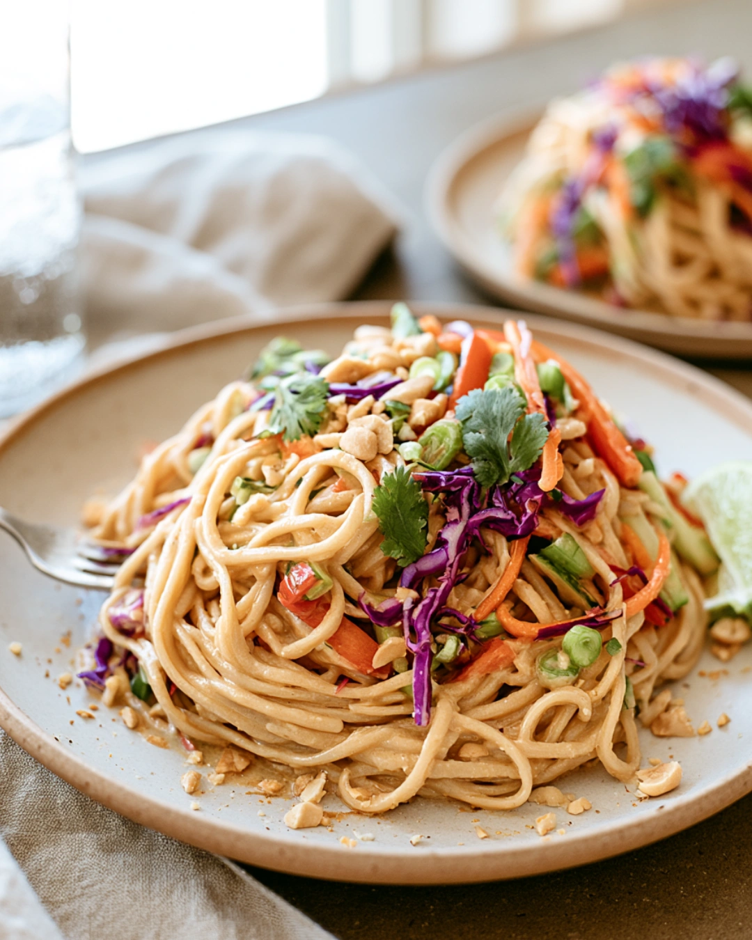 Best Thai Peanut Pasta Salad served with lime and roasted peanuts