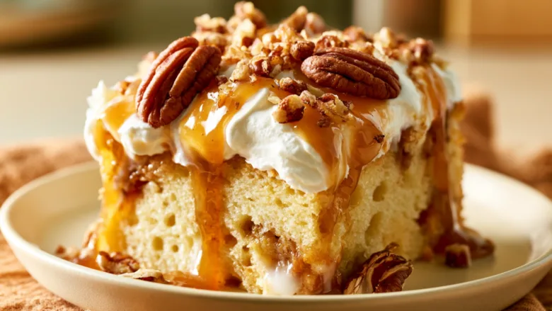 Butter Pecan Praline Poke Cake with caramel and toasted pecans