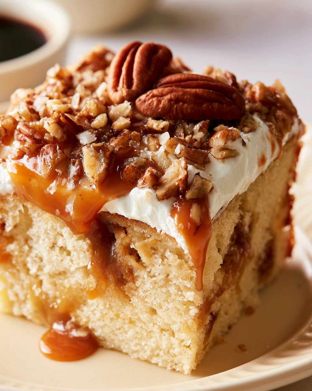 Butter Pecan Praline Poke Cake served with toasted pecans