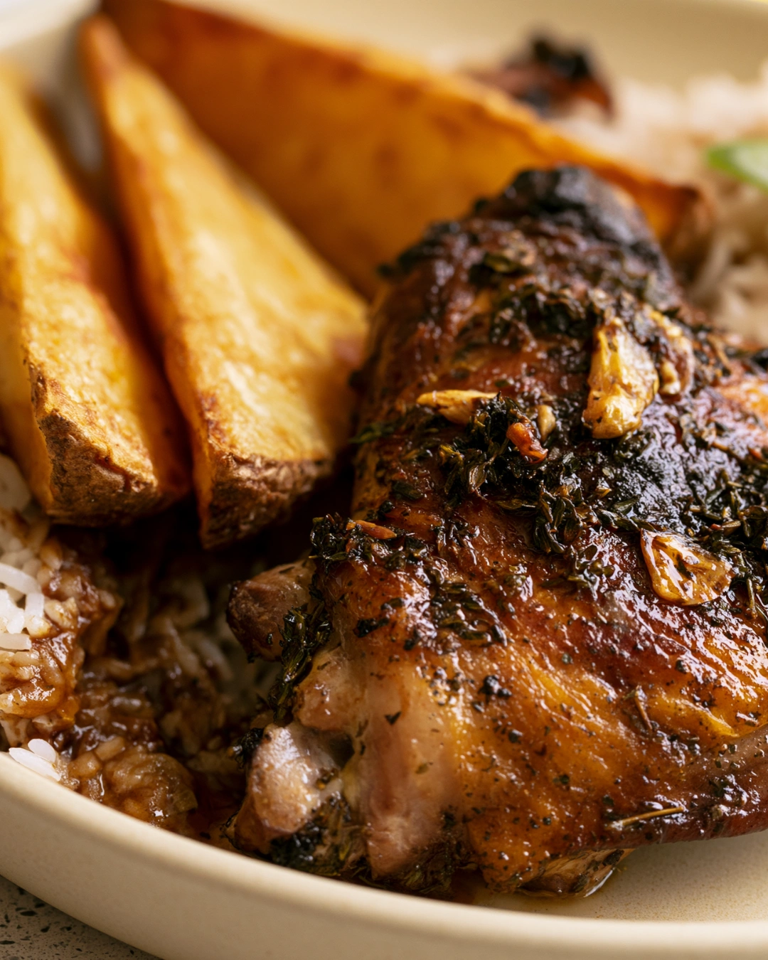Caribbean-Style Herb Chicken with rice and crispy potato wedges