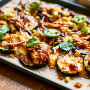 Cheesy BBQ Chicken Zucchini Nachos with melted cheese and jalapeños