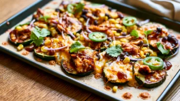 Cheesy BBQ Chicken Zucchini Nachos with melted cheese and jalapeños