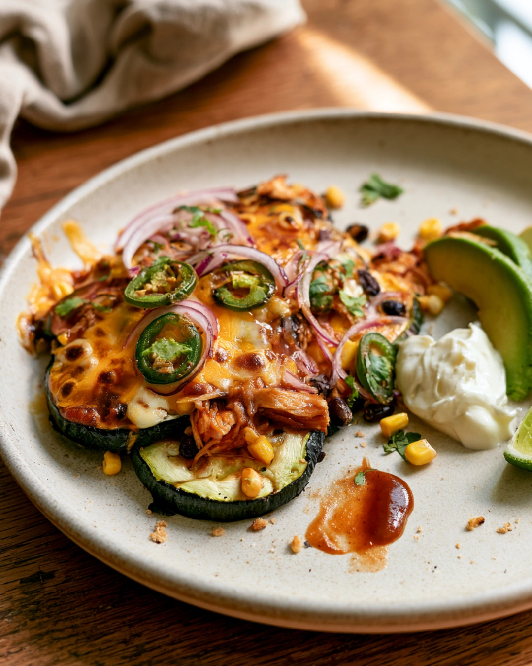 Cheesy BBQ Chicken Zucchini Nachos served on a plate with avocado and lime
