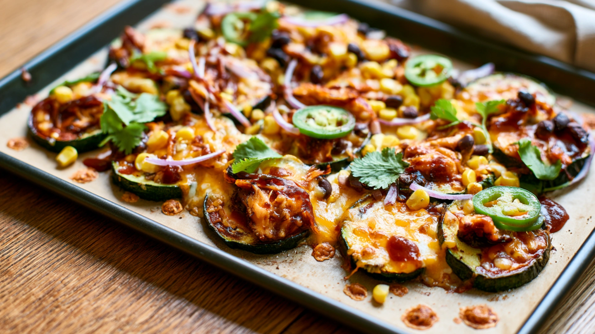 Cheesy BBQ Chicken Zucchini Nachos with melted cheese and jalapeños