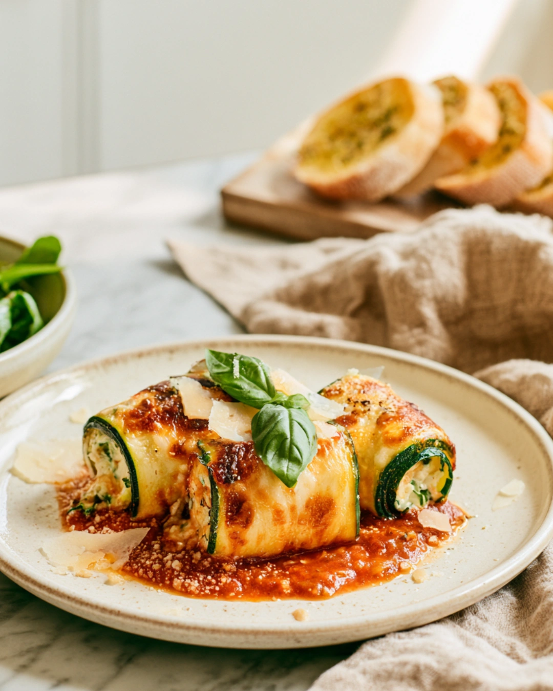 Cheesy Zucchini & Ricotta Roll Ups served with salad and garlic bread