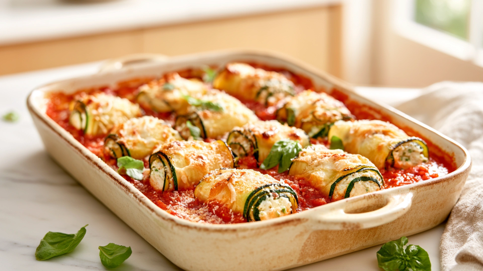 Cheesy Zucchini & Ricotta Roll Ups with marinara and melted mozzarella