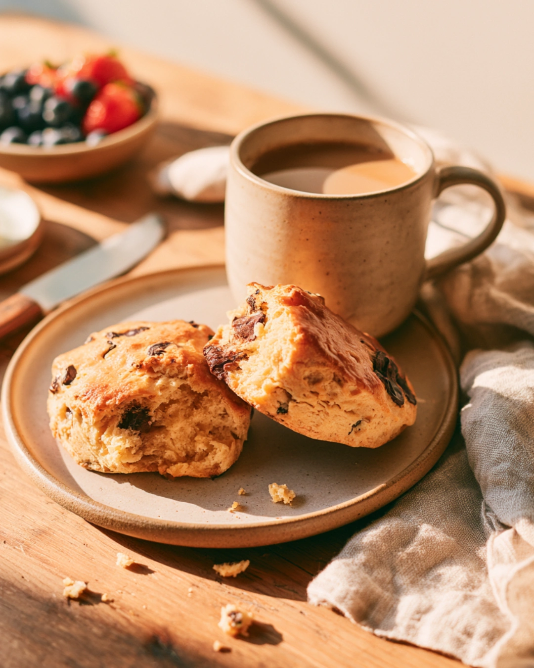 Chocolate Chip Coffee Scones served with coffee and fresh berries