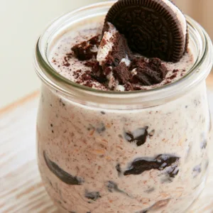 Cookies and Cream Overnight Oats with Greek yogurt and chocolate cookie crumbs