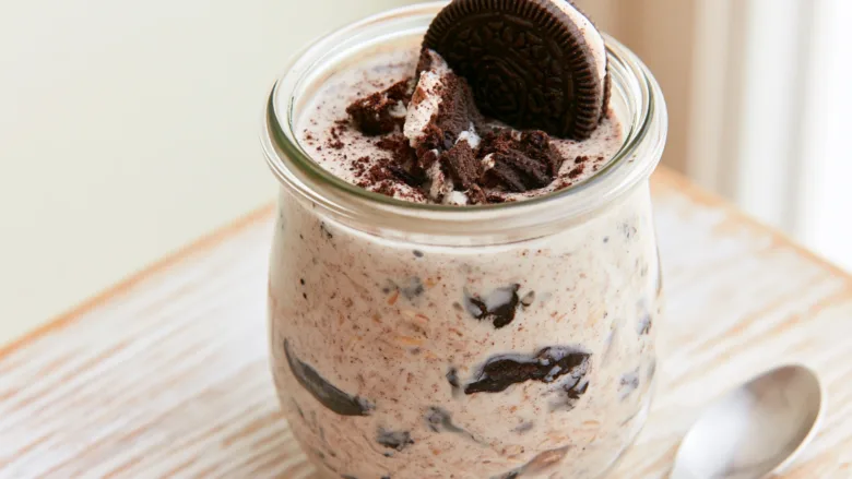 Cookies and Cream Overnight Oats with Greek yogurt and chocolate cookie crumbs