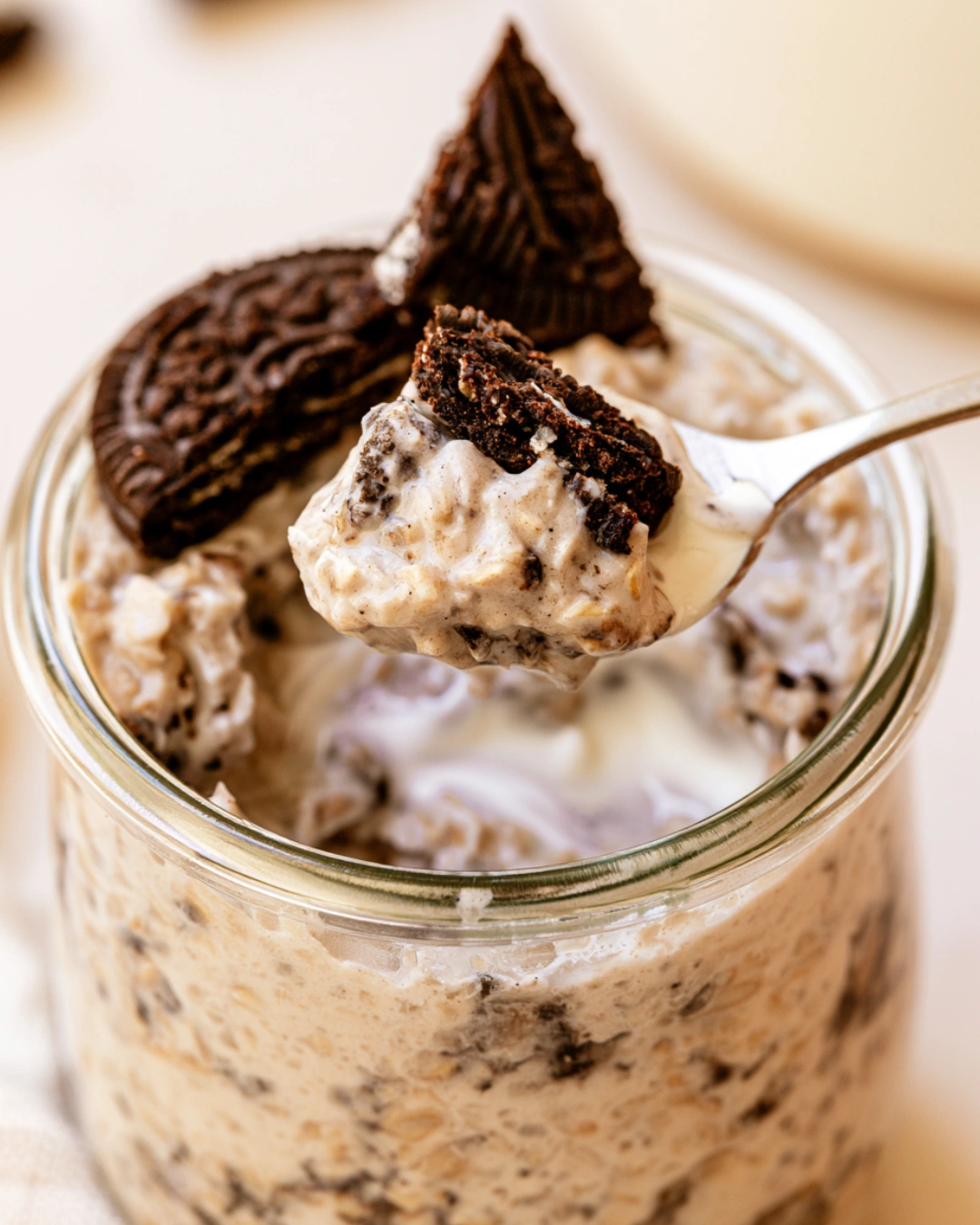 Cookies and Cream Overnight Oats served with cookie pieces