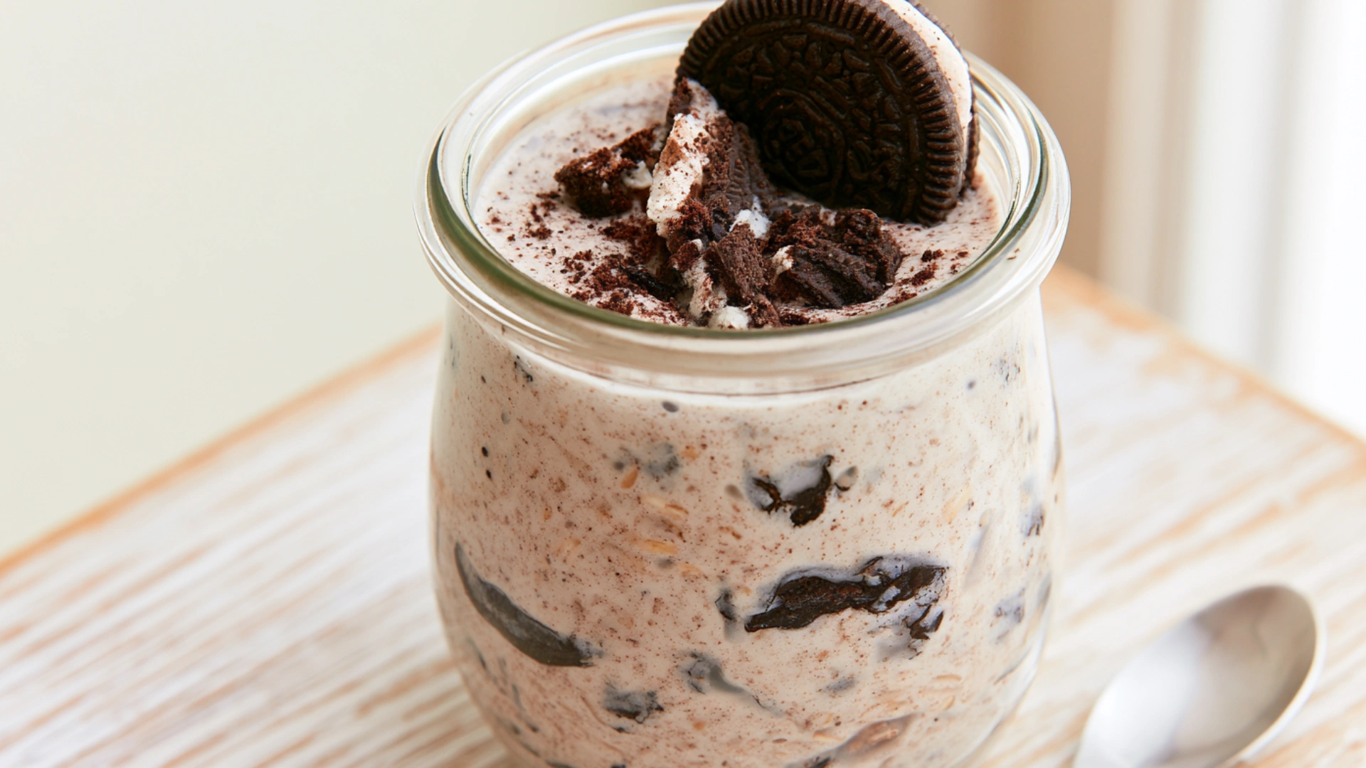 Cookies and Cream Overnight Oats with Greek yogurt and chocolate cookie crumbs
