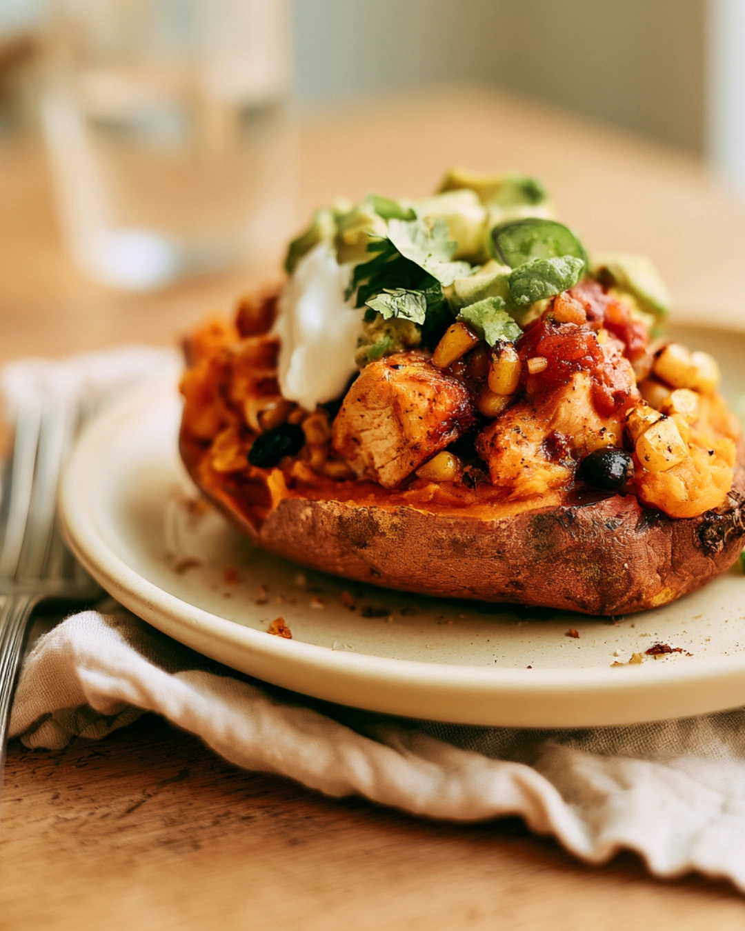 15-Minute Corn Chicken Stuffed Sweet Potatoes served for dinner