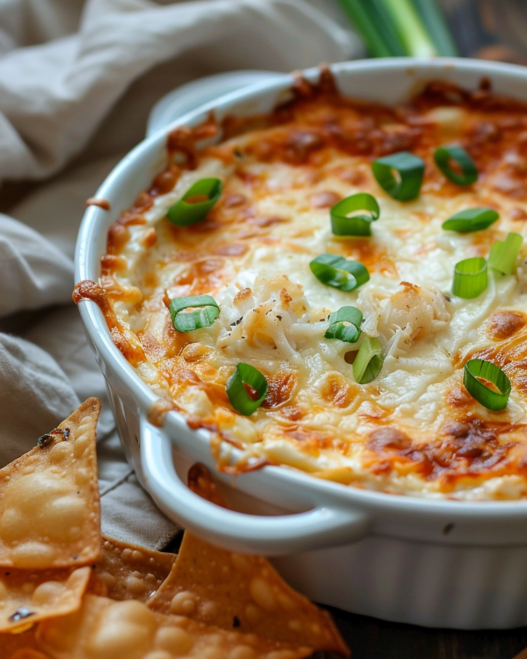 Creamy Crab Rangoon Dip served with wonton chips and vegetables