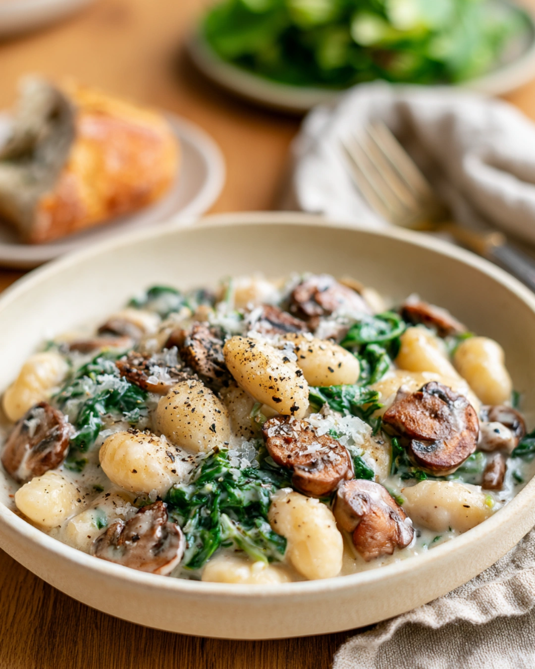 Creamy Spinach and Mushroom Gnocchi served with garlic bread