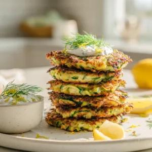 Crispy Zucchini Fritters with Lemon Yogurt served with fresh lemon wedges