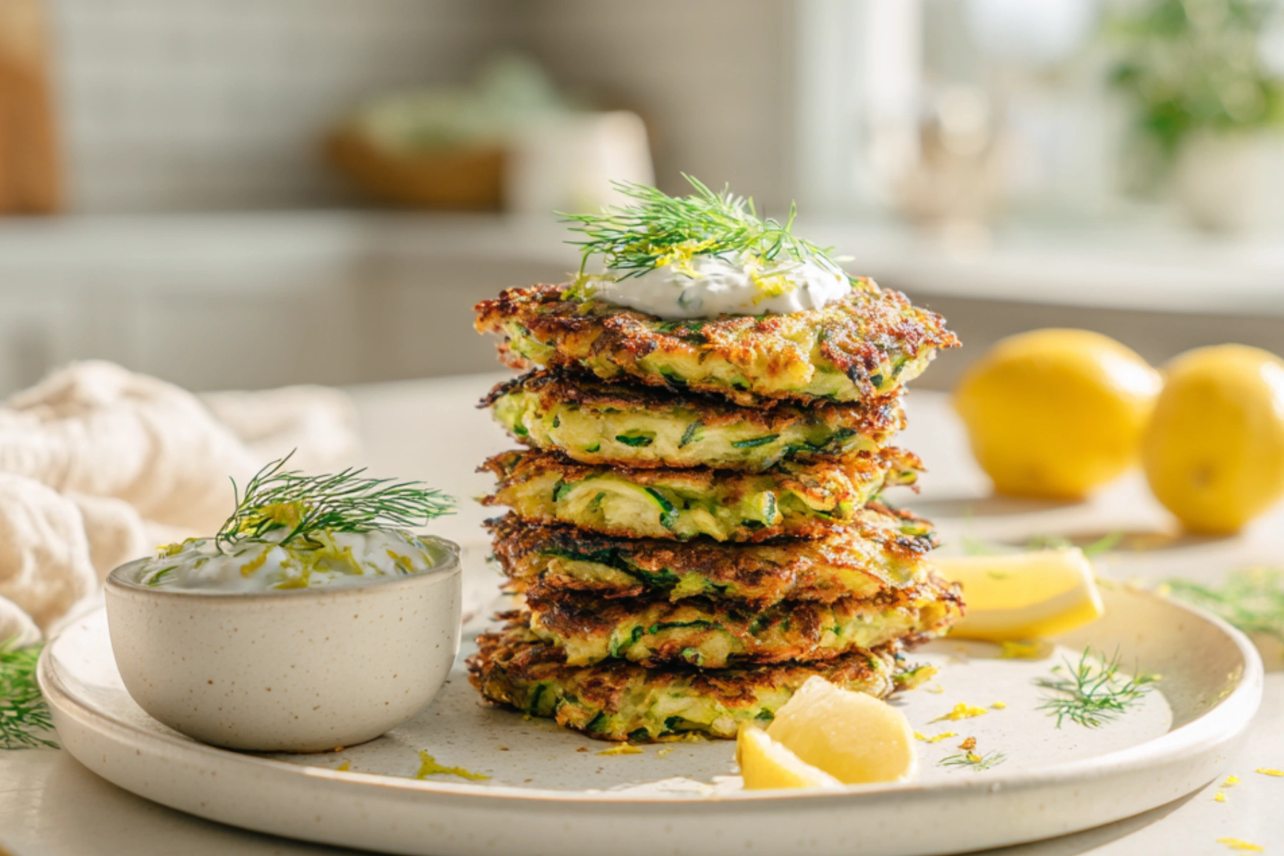Crispy Zucchini Fritters with Lemon Yogurt served with fresh lemon wedges