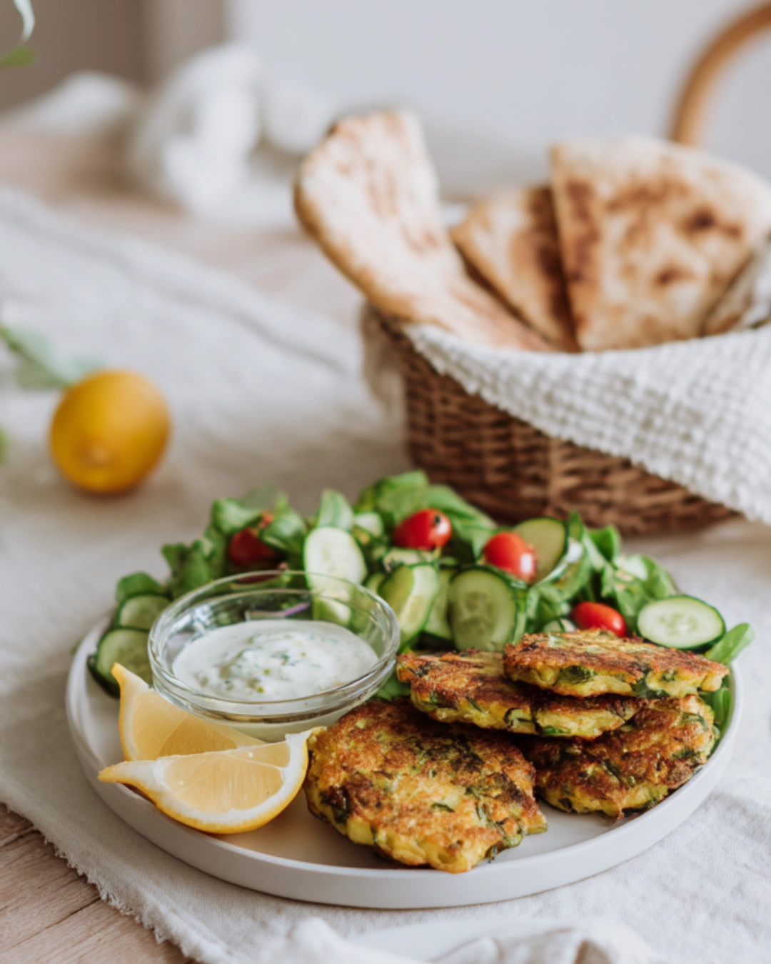 Crispy Zucchini Fritters served with salad and lemon yogurt sauce